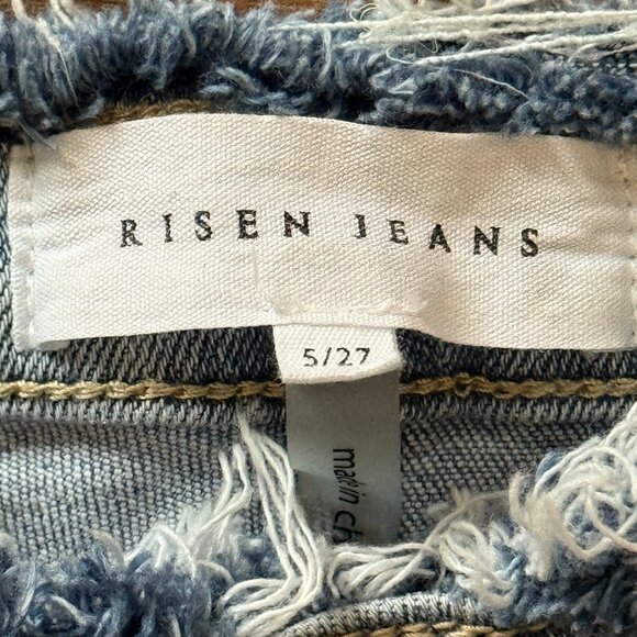 Risen High Rise Crop Flare Jeans Womens 5 Light Wash Frayed Hem Denim - Picture 3 of 7